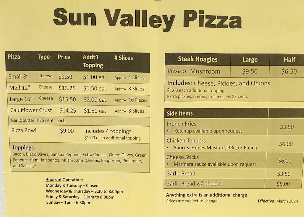 Sun Valley Pizza Menu image 1